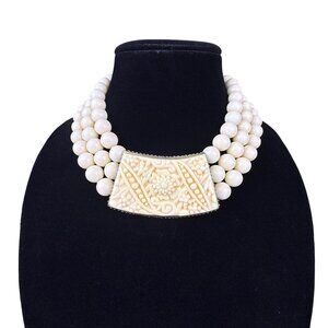 Vintage Ornate Cream Beaded Necklace With Intricate Centerpiece Adjustable Lengt